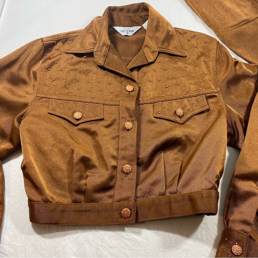Lorraine Wardy Vintage Brown Two-Piece Suit button down jacket pant set sequins - Picture 2 of 14